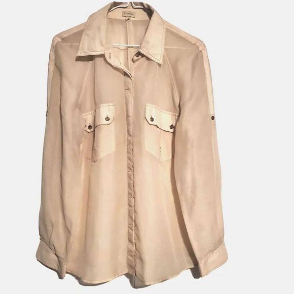 Cremieux Womens Shirt Ivory Small Sheer Roll Tab Long Sleeve Pockets - Picture 1 of 3